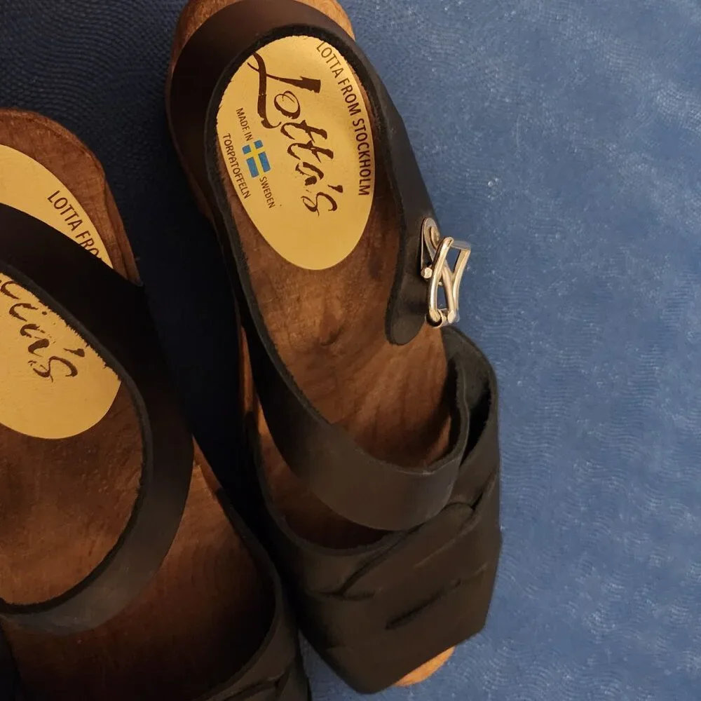 Lotta from Stockholm Peep Toe Clogs Black on Brown Base US 9.5 Eur 41 - Picture 4 of 7